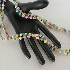 Handmade Rainbow Double Strand Necklace With White Striped Beads 24.5 Inches NWT